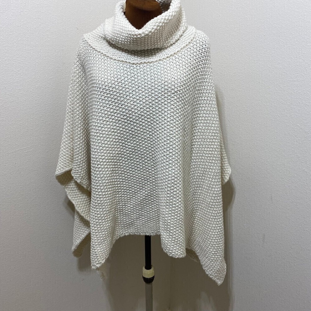 COCOGIO Cream Wool Blend Knit Poncho Shawl Turtleneck One Size Fits All